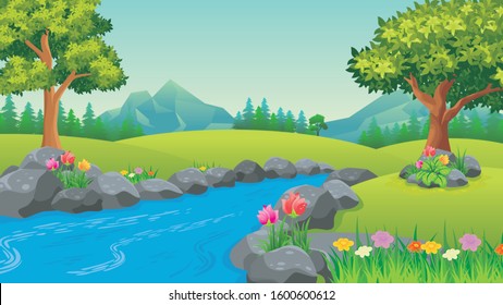 Vector landscape with Green field, Trees, mountain, blue sky and clouds, beautiful and lovely nature illustration