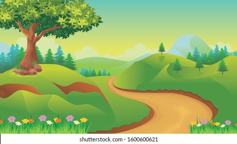 Vector landscape with Green field, Trees, mountain, blue sky and clouds, beautiful and lovely nature illustration