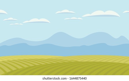 Vector landscape with green fields, mountains and sky with clouds. Decorative illustration or background in flat style.