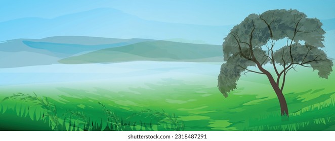 Vektorlandschaft. Grüne Felder und Berge, Grasland und Baum. Wasserfarbe strukturiert. 