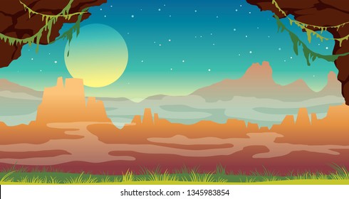Vector landscape with green grass, cave, fog and silhouette of mountains on a night starry sky with full moon. Nature summer image.