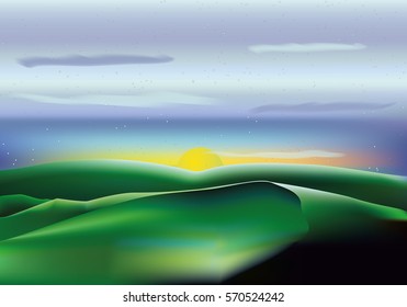 Vector landscape with green hills, blue sky, clouds and sun