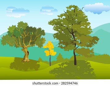 Vector landscape of green hills countryside,  and trees with shadows growing. Blue sky and moutains with clouds in background.