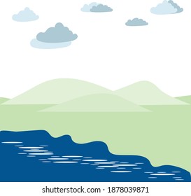 vector landscape with green hills and lake. green meadow and blue lake on the background of hills