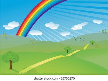 vector landscape with green hills and rainbow