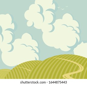 Vector landscape with green hills, road and sky with clouds. Decorative illustration or background in cartoon style.