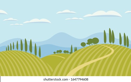 Paisaje vectorial con verdes colinas, caminos, montañas y cielo con nubes. Dibujo infantil decorativo o fondo al estilo de las caricaturas.