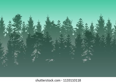 Vector landscape with green layered misty coniferous forest.