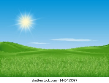 vector landscape. green meadow to the horizon. blue sky with clouds. bright sun
