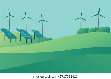 
Paisaje de Vector de un prado verde, cielo, turbinas eólicas y paneles solares. Medio ambiente respetuoso del medio ambiente.