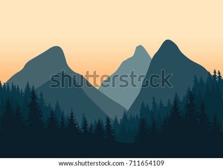 Vector landscape with green silhouettes of mountains, hills and forest with a beautiful sunset/dawn/dusk yellow-orange sky.