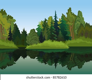 Vector landscape with green trees and blue lake on a sky background