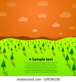Vector landscape with green trees, hills and sunset sky background