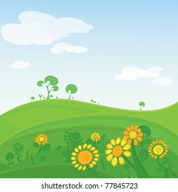 Vector landscape. Green valley with flowers