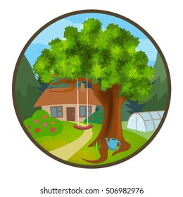 Vector landscape with greenhouse home tree garden emblem 