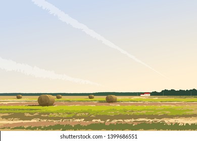 Vector landscape with hay bales on a field. Rural summer scene of peaceful countryside. Round haystacks, lonely farm house in the distance