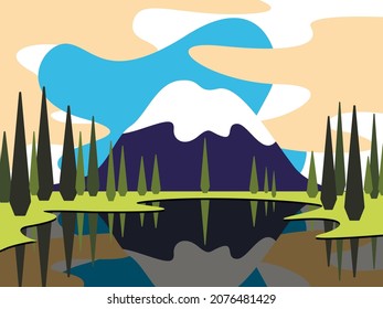 Vector landscape - a high mountain with a snow-capped peak and cypresses at the foot on the shore of a beautiful lake and reflection in the water. Concept - the beauty of nature