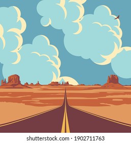 Vector landscape with a highway in the desert and mountains and with clouds in blue sky. Summer illustration of an endless straight road running through the barren American scenery