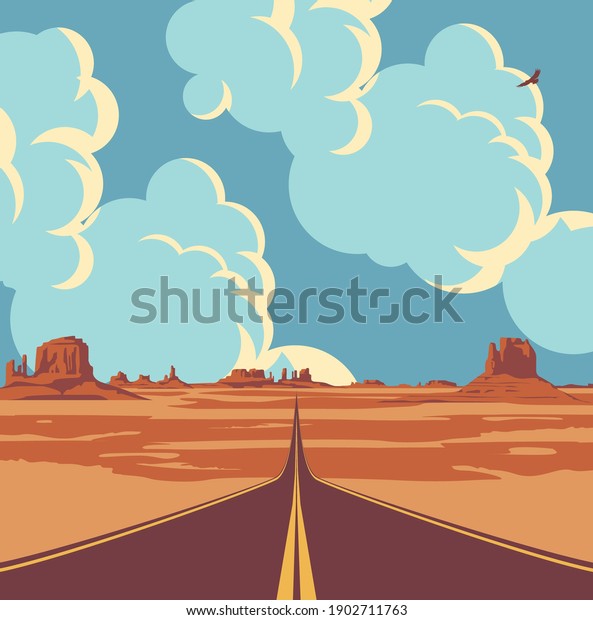 砂漠と山にハイウェイ 青い空に雲を持つベクター画像の風景 アメリカの不毛な風景を貫く果てしなくまっすぐな道の夏のイラスト のベクター画像素材 ロイヤリティフリー