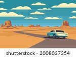 Vector landscape with a highway and a passing white car in the desert with mountains and clouds in the blue sky. Colored cartoon illustration with a barren American scenery and an endless road