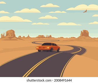 Vector landscape with a highway and a single passing car in the desert with mountains and clouds in the sky. Colored cartoon illustration with a barren American scenery and an endless winding road