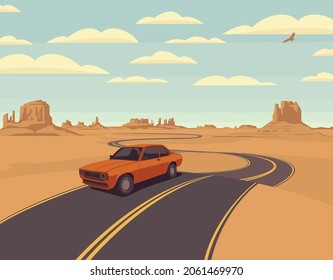 Vector landscape with a highway and a single passing car in a rocky desert with clouds in the sky. Color cartoon illustration with barren western landscapes and endless winding road in retro style