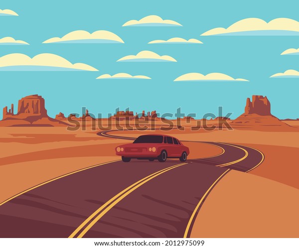 Vector landscape with a highway and a single passing\
car in the desert with rocks and clouds in the blue sky. Cartoon\
background illustration with a barren American prairie and a\
winding road