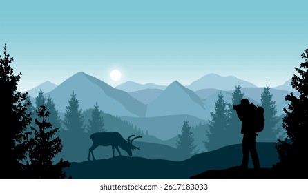 Vector landscape with a hiker taking picture of a reindeer in front of blue misty mountains.