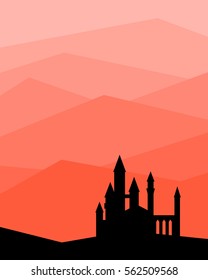 Vector landscape with hills and castle silhouette. 