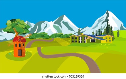 Vector landscape, hills, mountains, clouds, roud, house