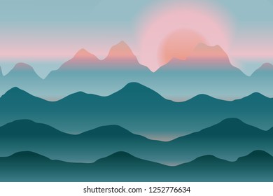 Vector landscape with hills ,mountains and sunset - simple illustration in flat style. Layered backdrop with copy space. Geography or travel theme background.