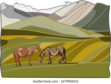 vector landscape with horse in stained-glass window style. impressionism. mountains, green field. horses graze in the meadow. wild horses eat grass. romantic two horses on a background of mountains 