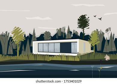 vector landscape with house and forest
