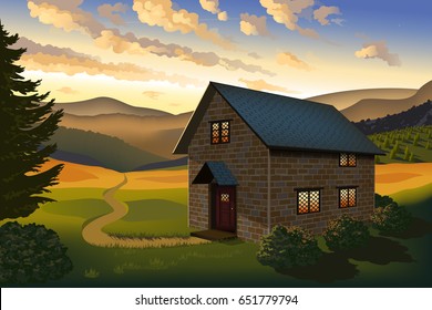 Vector landscape with house, mountains, sunset, clouds and bushes in the  evening in gradient colors for use as a game background, poster backdrop or splash screen.