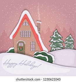Vector landscape with house and snow, paper stylized