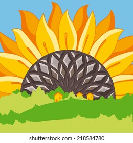 Vector landscape with house and sunflower.