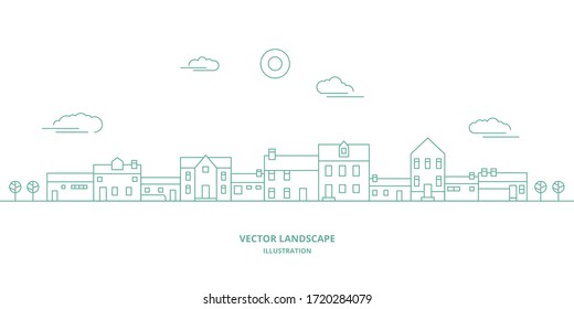 Vector landscape with houses, building, tree, sky. Suburban landscape. Flat line design vector.