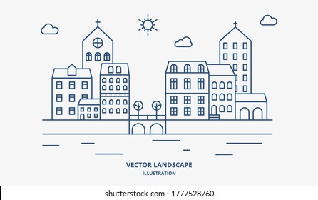 Vector landscape with houses, building, tree, sky. Suburban landscape. Flat line design vector.