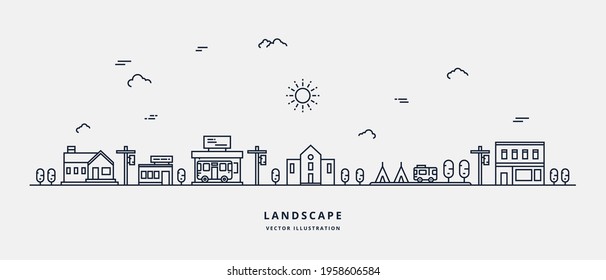 Vector landscape with houses, building, tree, sky. Suburban landscape. Flat line art design vector.