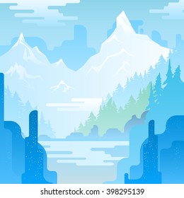 Vector landscape with huge blue mountains and lake.