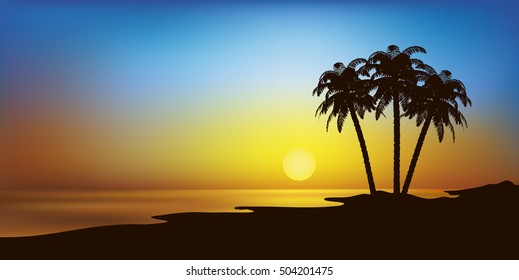 vector landscape illustration with beach and palm trees in sunset