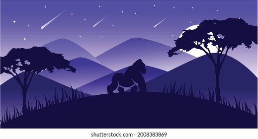 Vector Landscape Illustration of Beautiful mountain landscape with deer, pine tree, and forest. sunrise and sunset in mountains.