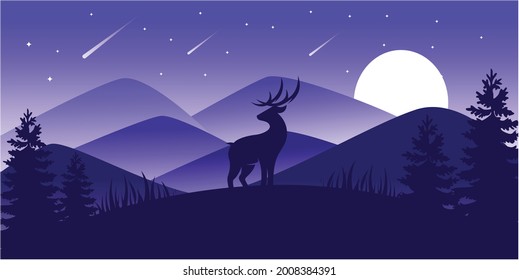 Paisaje vectorial Ilustración de un hermoso paisaje montañoso con ciervos, pinos y bosques. amanecer y puesta de sol en las montañas.