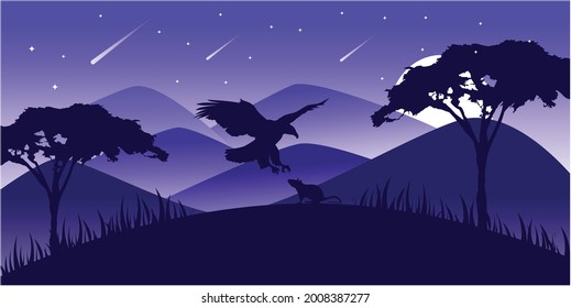 Vector Landscape Illustration of Beautiful mountain landscape with Eagle and Mouse, pine tree, and forest. sunrise and sunset in mountains.