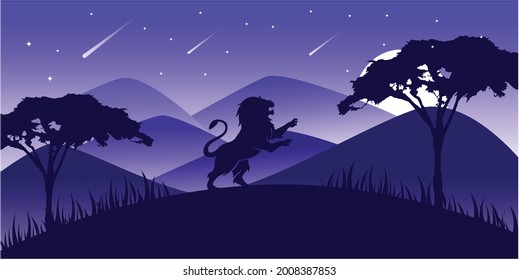 Vector Landscape Illustration of Beautiful mountain landscape with Lion, pine tree, and forest. sunrise and sunset in mountains.
