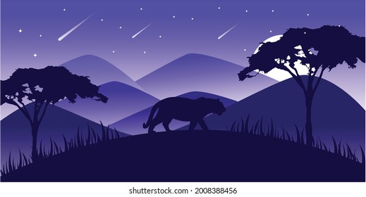 Vector Landscape Illustration of Beautiful mountain landscape with Tiger, pine tree, and forest. sunrise and sunset in mountains.