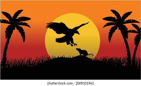 Vector Landscape Illustration of Beautiful mountain landscape with Eagle and Mouse, Palm tree, and forest. sunrise and sunset in mountains.