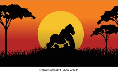 Vector Landscape Illustration of Beautiful mountain landscape with Gorilla, Africa tree, and forest. sunrise and sunset in mountains.