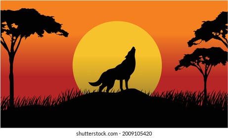 Vector Landscape Illustration of Beautiful mountain landscape with Wolf, Africa tree, and forest. sunrise and sunset in mountains.