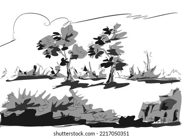 Vector landscape illustration in black and white for simplicity, with trees, grass, sky and clouds.
